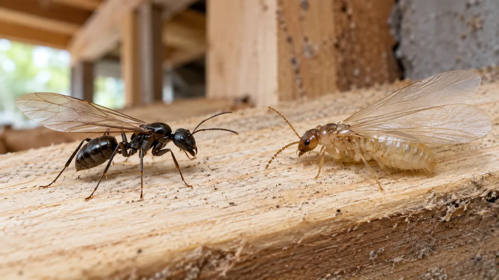 Fourmi volante ou termite : les reconnaître sans se tromper 1 Fourmi ailée et termite ailé observés sur une pièce de bois
