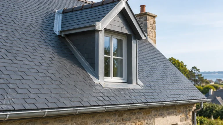 Lucarne traditionnelle intégrée dans une toiture en ardoise avec raccords en zinc