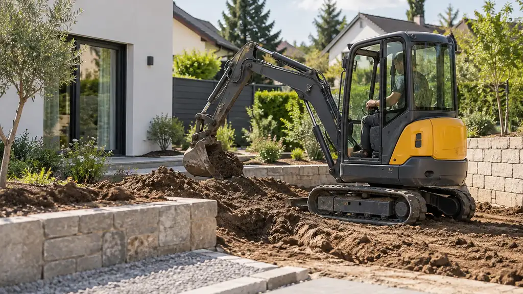 Mini-pelle électrique compacte travaillant sur un chantier résidentiel