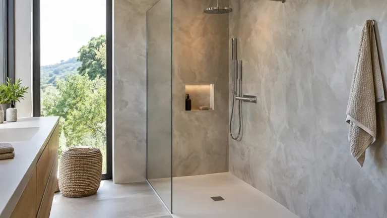 Panneaux muraux aspect résine installés autour d’une douche moderne