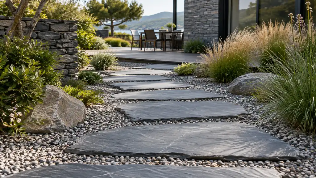 Grandes plaques d’ardoise formant un chemin dans un jardin paysager