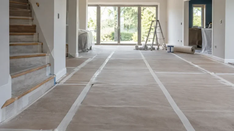 Sol intérieur protégé par feutre et panneaux pendant une rénovation