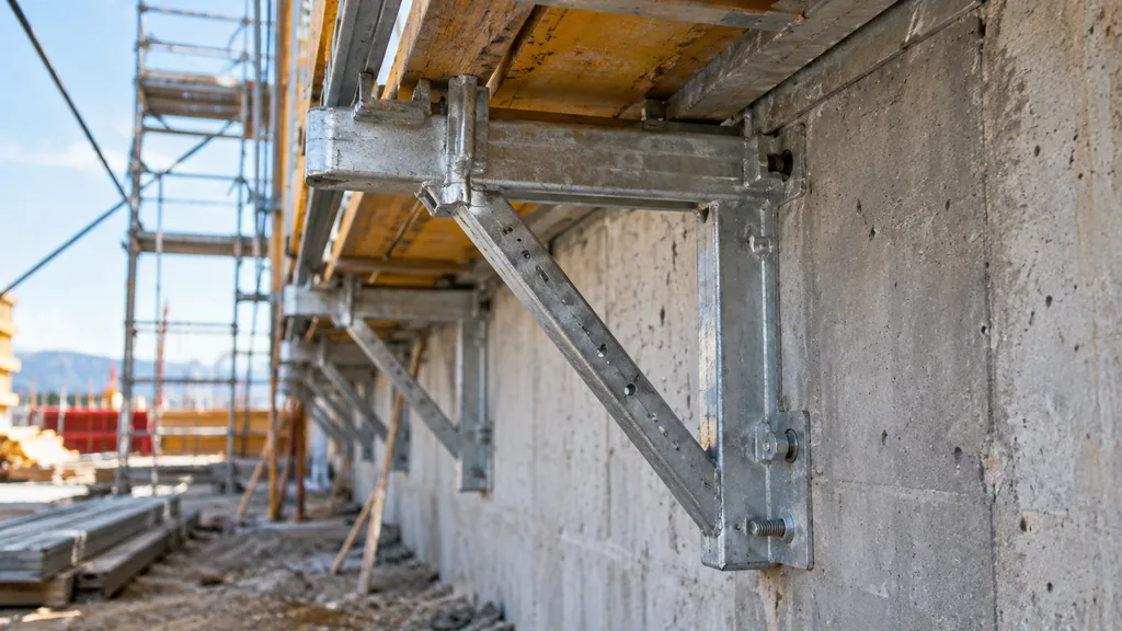 Sabot métallique de coffrage fixé sur un voile en béton de chantier