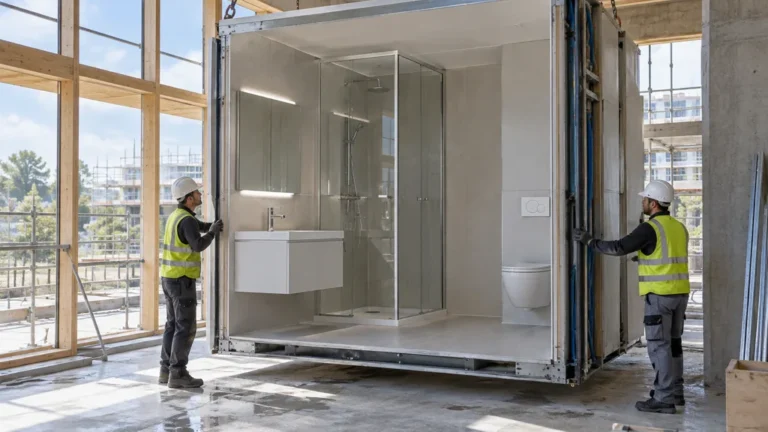 Module de salle de bain préfabriquée installé dans un bâtiment en chantier