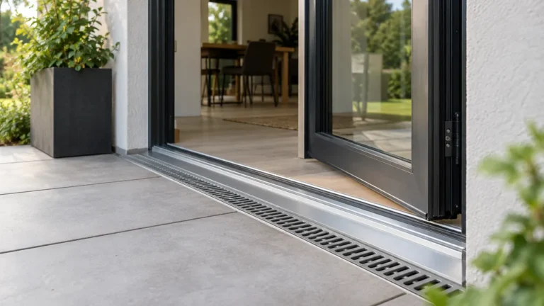 Seuil bas de porte extérieure avec drainage devant une terrasse