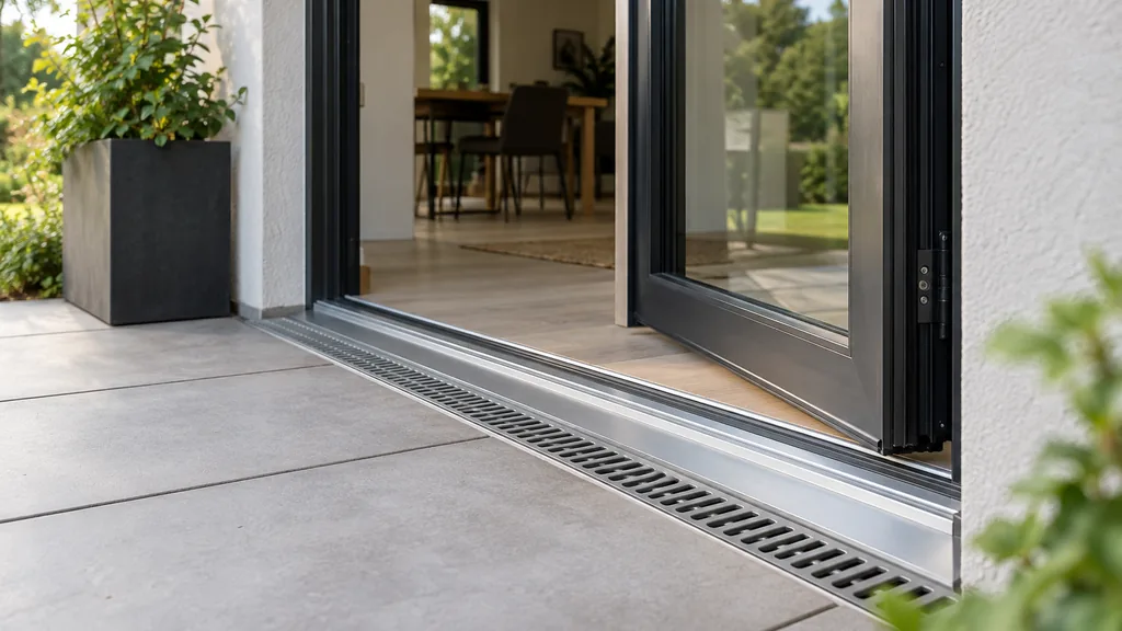 Seuil bas de porte extérieure avec drainage devant une terrasse
