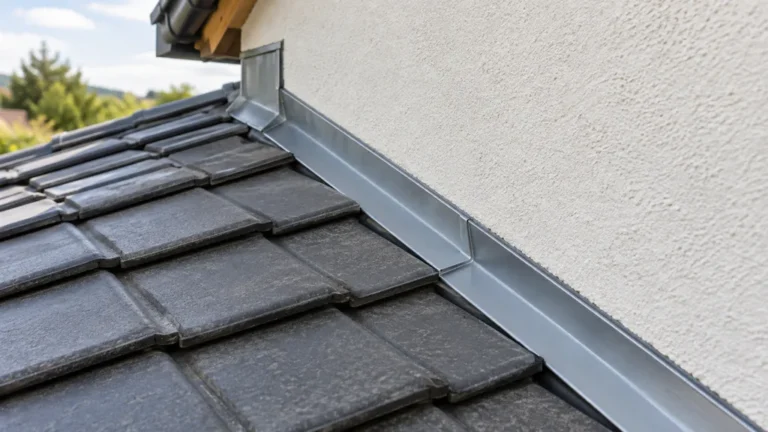 Solin en aluminium assurant l’étanchéité entre une toiture et un mur enduit