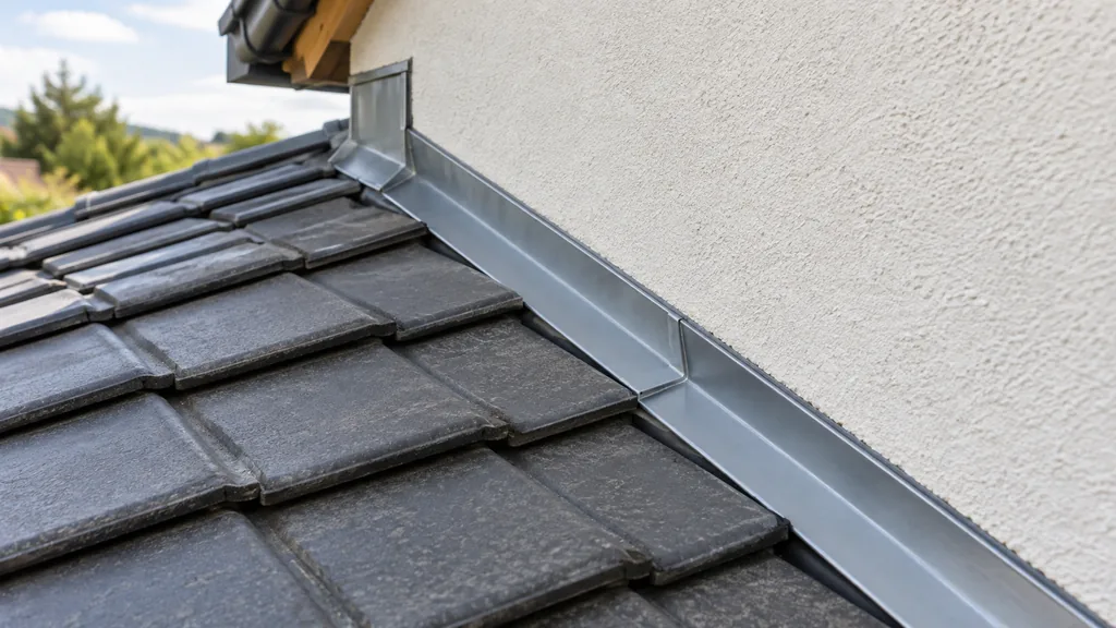 Solin en aluminium assurant l’étanchéité entre une toiture et un mur enduit