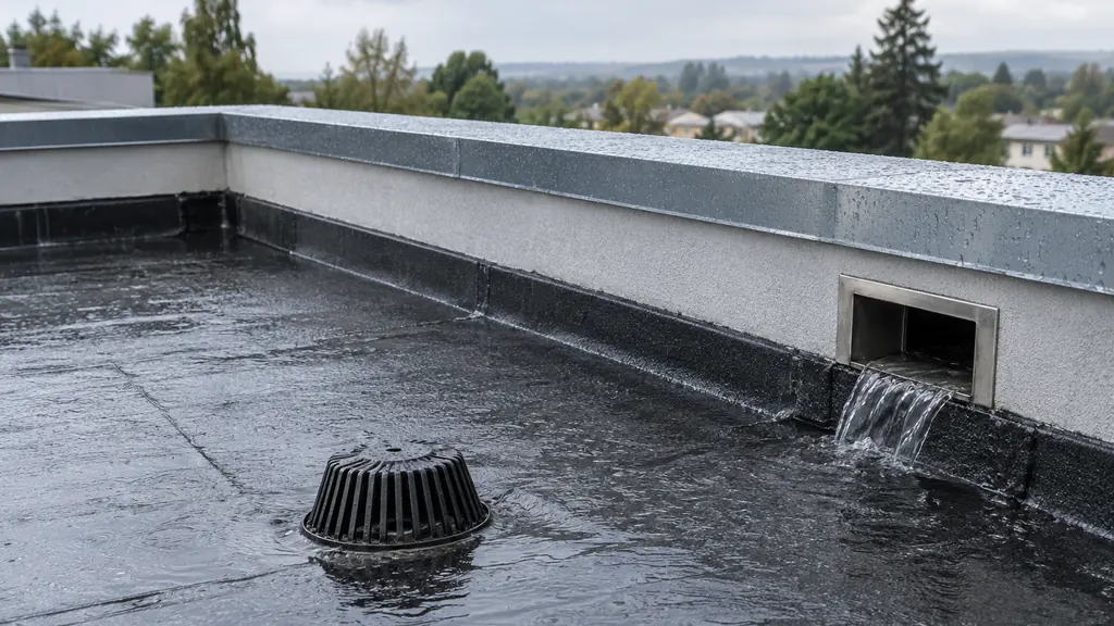 Trop-plein visible dans l’acrotère d’une toiture-terrasse étanchée
