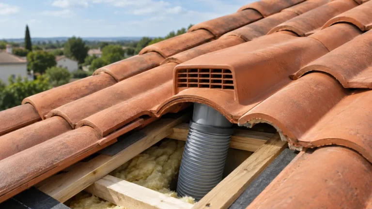 Tuile à douille de ventilation raccordée à une gaine de VMC sur toiture