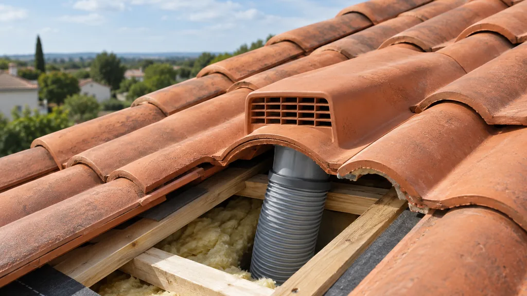 Tuile à douille de ventilation raccordée à une gaine de VMC sur toiture