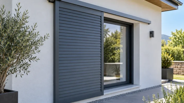 Volet coulissant motorisé en aluminium sur la façade d’une maison moderne
